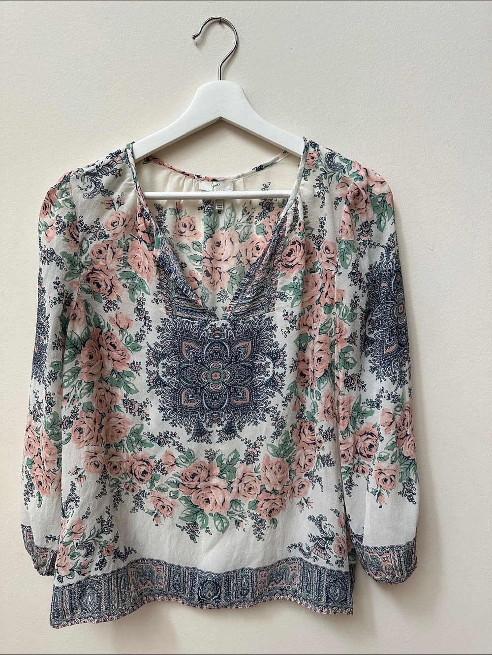 Silk Cream Blouse with Pink Roses & Navy Medallion